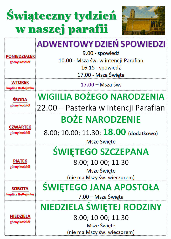 Świąteczny tydzień w parafii (grafik)